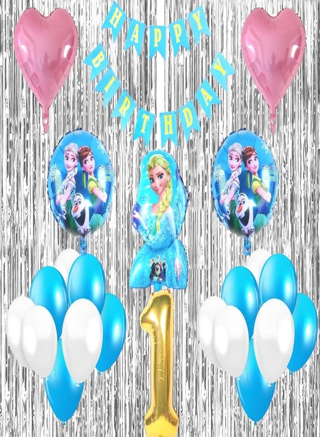 Flyloons 1st Frozen Elsa theme birthday decoration items for Girls Boys kids baby girl with Elsa Foil Balloon,Light Pink Star Foil,Sky Blue White Balloons,Silver Foil Curtains,Foil Balloon number 1 - Image 1